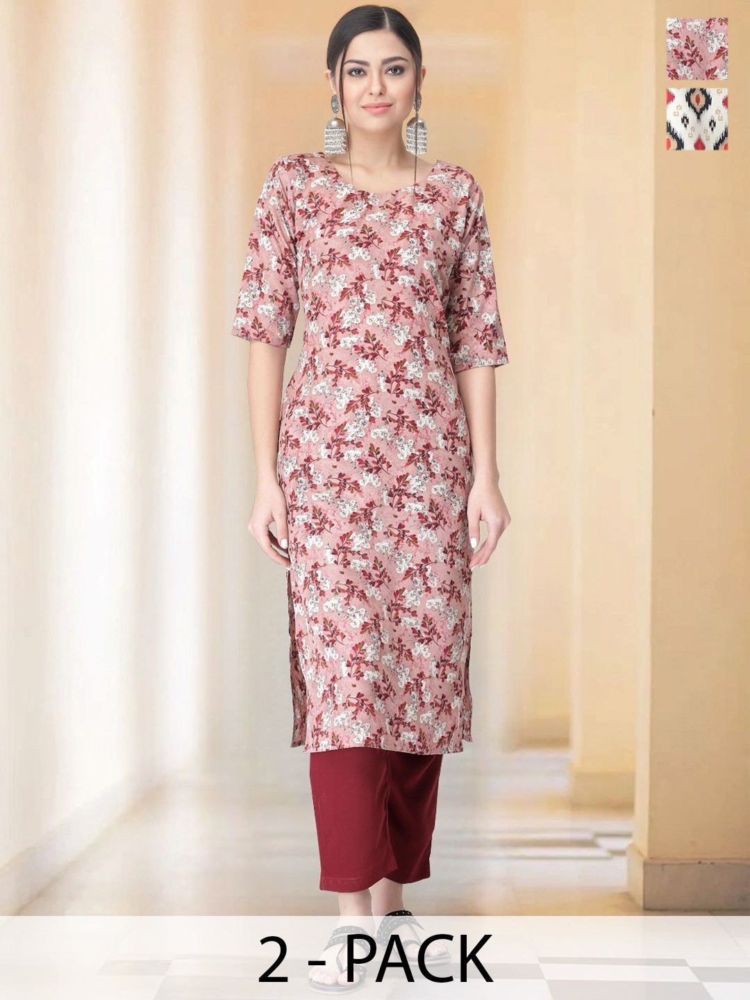 

7Threads Selection Of 2 Floral Printed Round Neck Straight Kurta With Trousers, Red