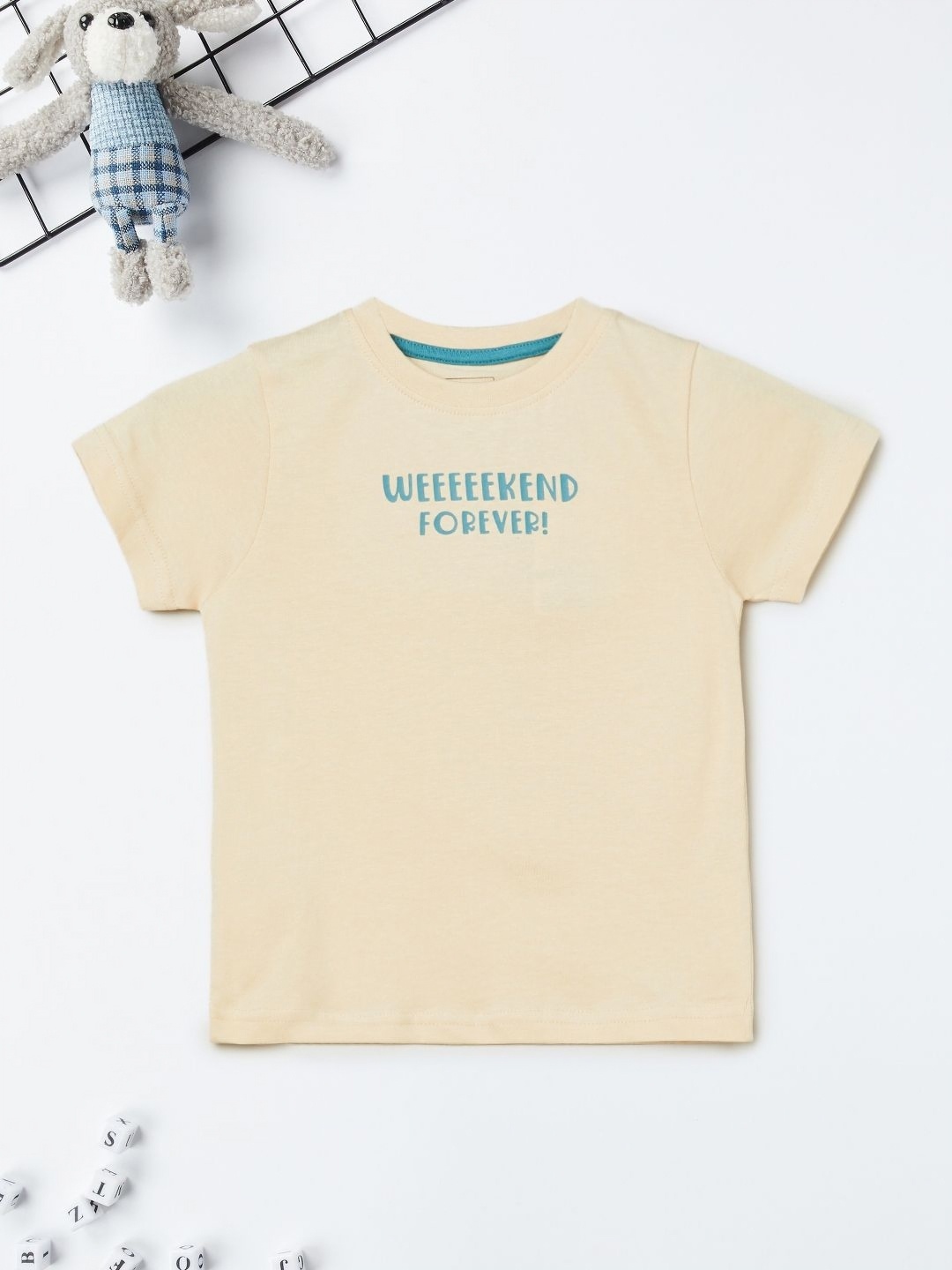 

max Boys Typography Printed Round Neck Cotton T-shirt, Beige