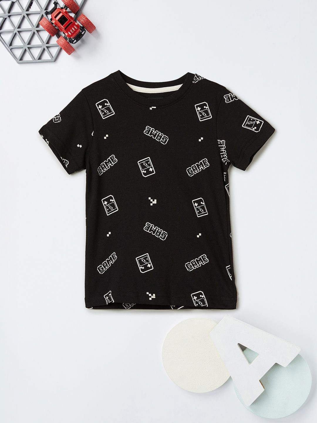 

max Boys Conversational Printed Round Neck Cotton T-shirt, Black