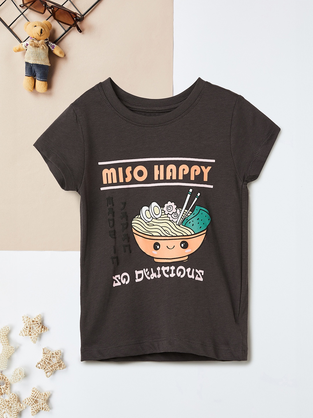 

max Girls Graphic Printed Round Neck Cotton T-shirt, Black