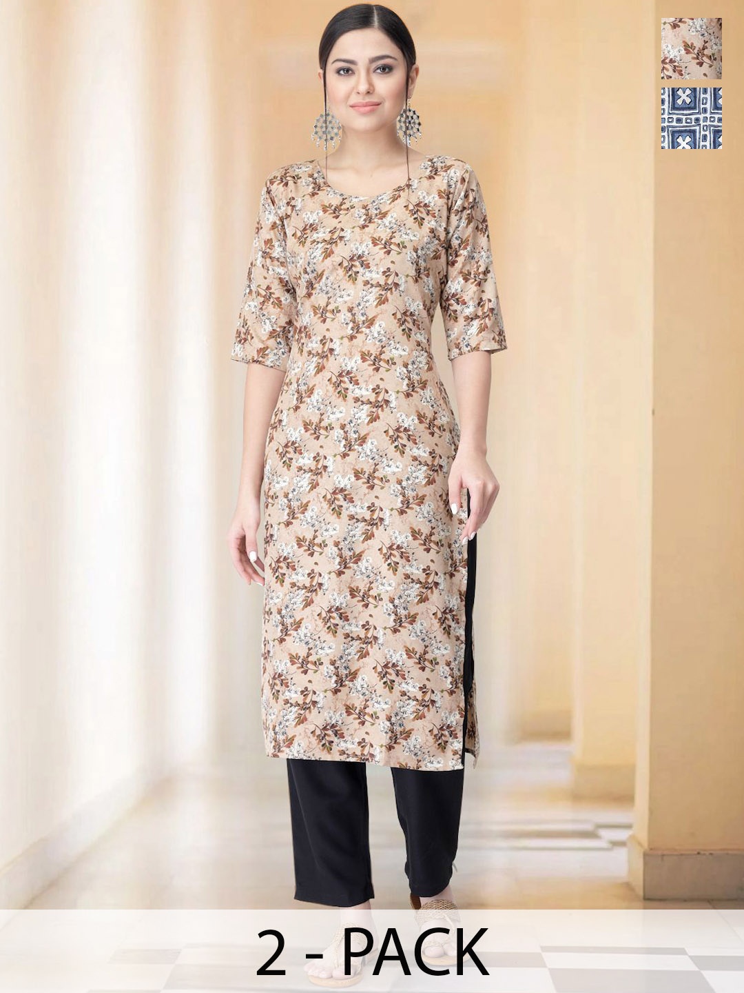 

7Threads Selection Of 2 Floral Printed Round Neck Straight Kurtas With Trousers, Beige