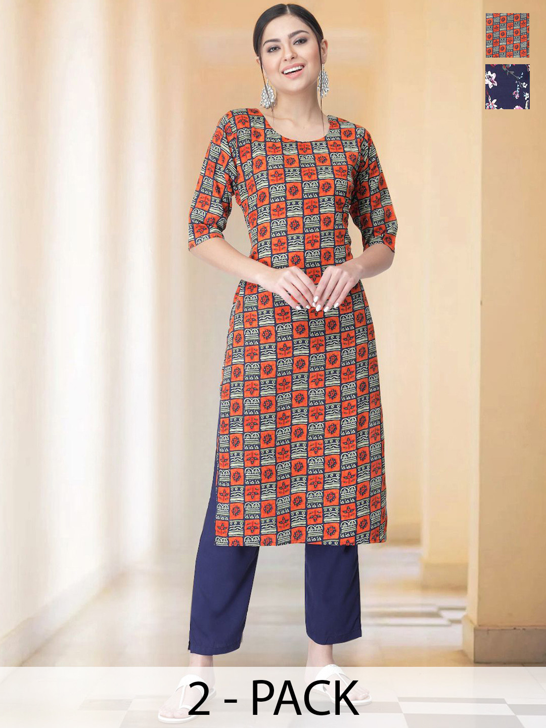 

7Threads Selection Of 2 Geometric Printed Round Neck Straight Kurta With Trousers, Red