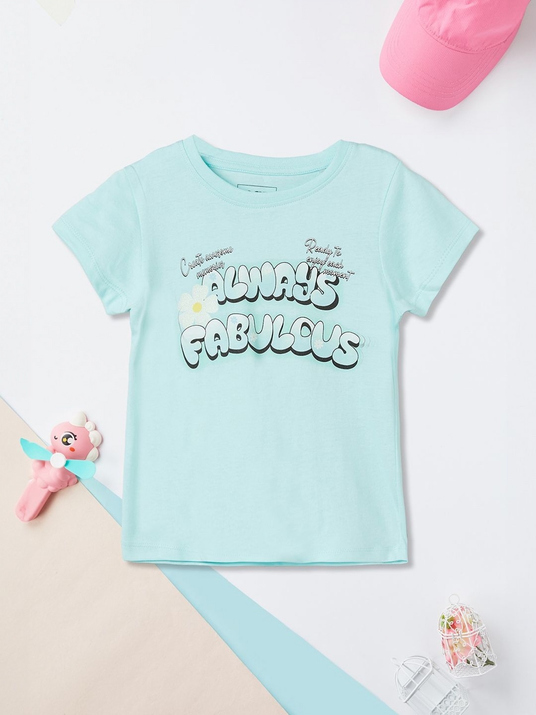 

max Girls Typography Printed Round Neck Cotton T-shirt, Blue