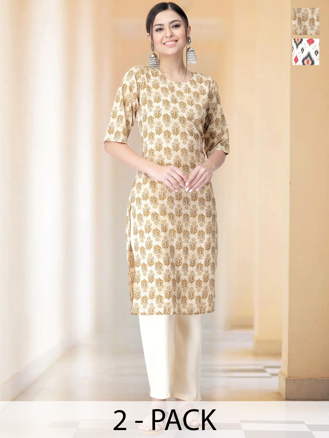 

7Threads Selection Of 2 Ethnic Motifs Printed Round Neck Straight Kurtas With Trousers, Beige