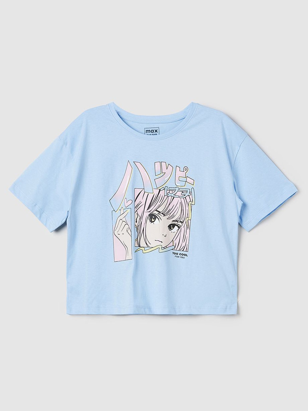 

max Girls Graphic Printed Round Neck Cotton T-shirt, Blue