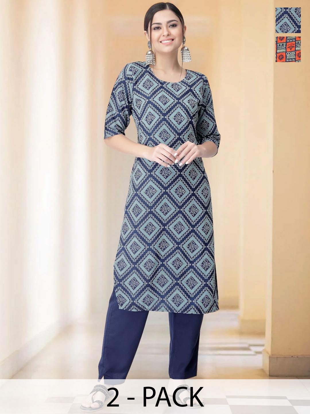 

7Threads Selection Of 2 Ethnic Motifs Printed Round Neck Straight Kurta With Trousers, Navy blue