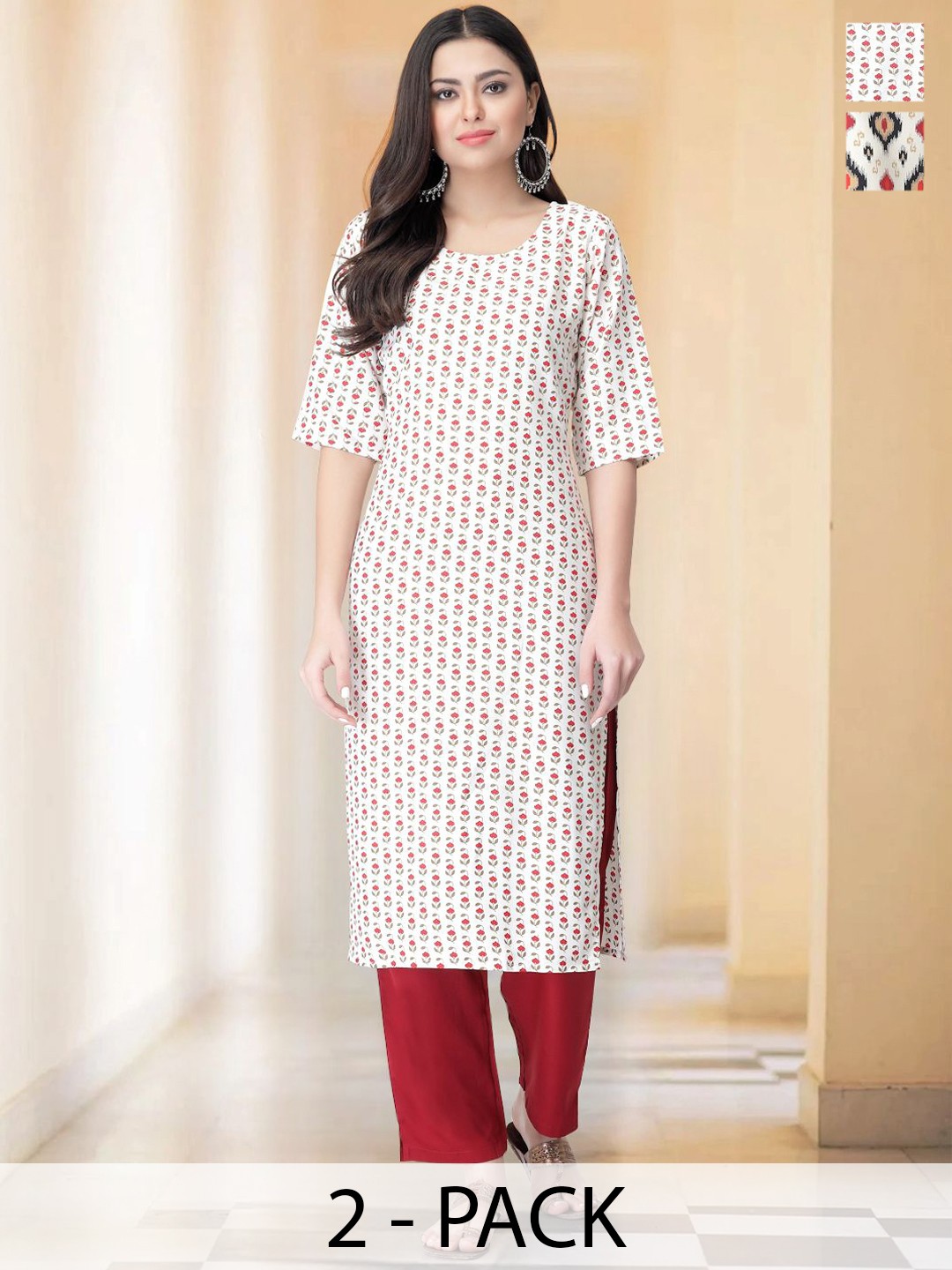 

7Threads Selection Of 2 Floral Printed Round Neck Straight Kurtas With Trousers, White