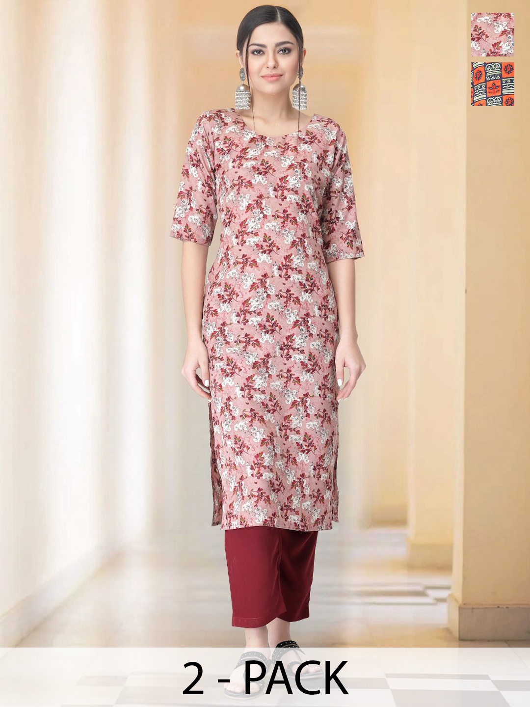 

7Threads Selection Of 2 Floral Printed Round Neck Straight Kurtas With Trousers, Pink