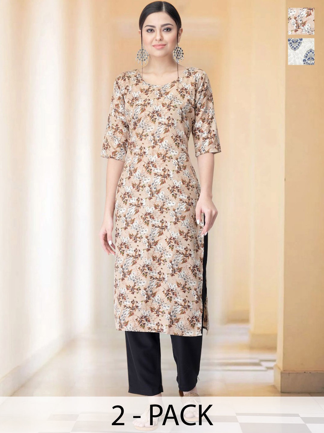 

7Threads Selection Of 2 Floral Printed Round Neck Straight Kurta With Trousers, Grey