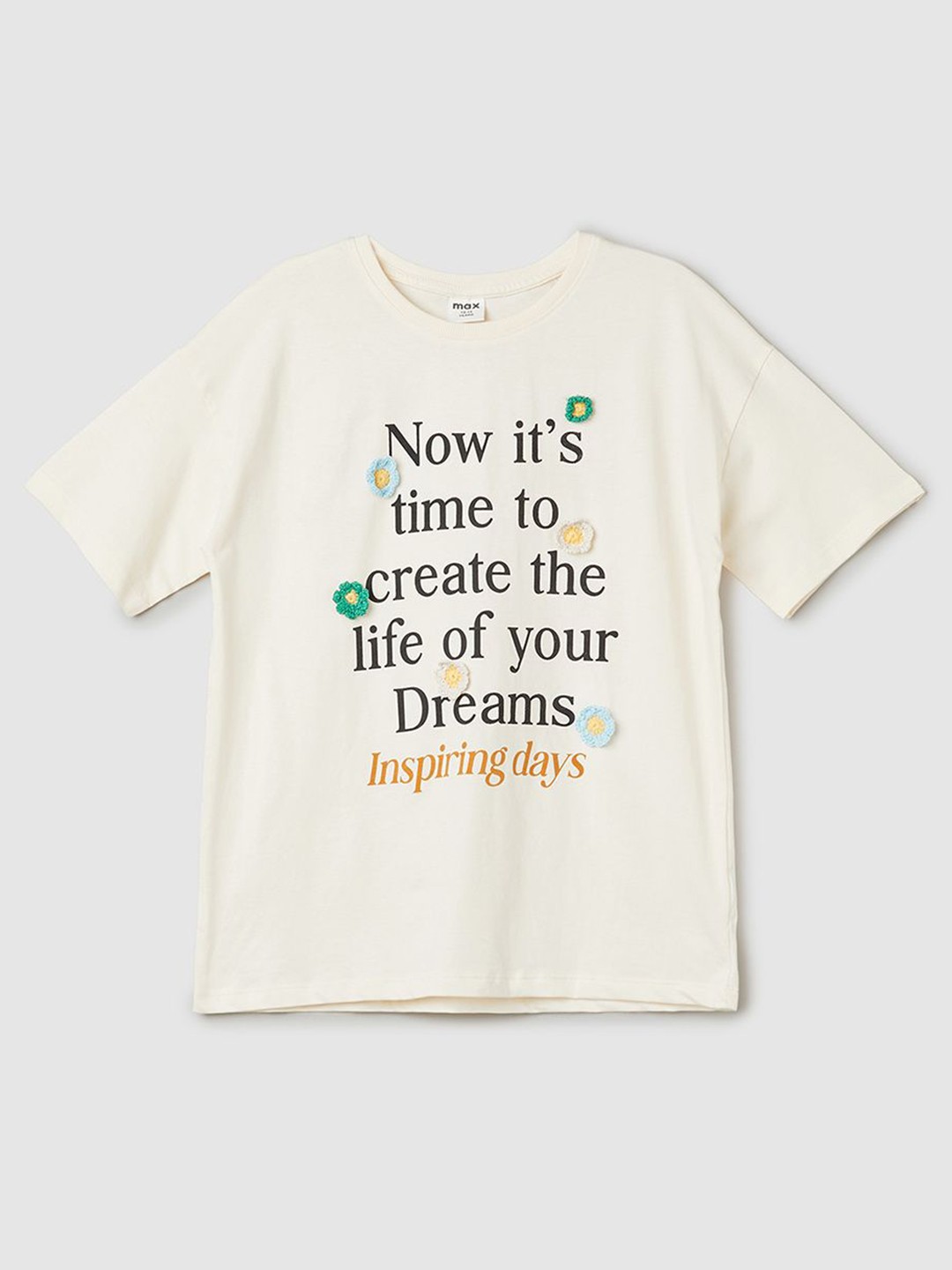 

max Girls Typography Printed Round Neck Cotton T-shirt, Beige