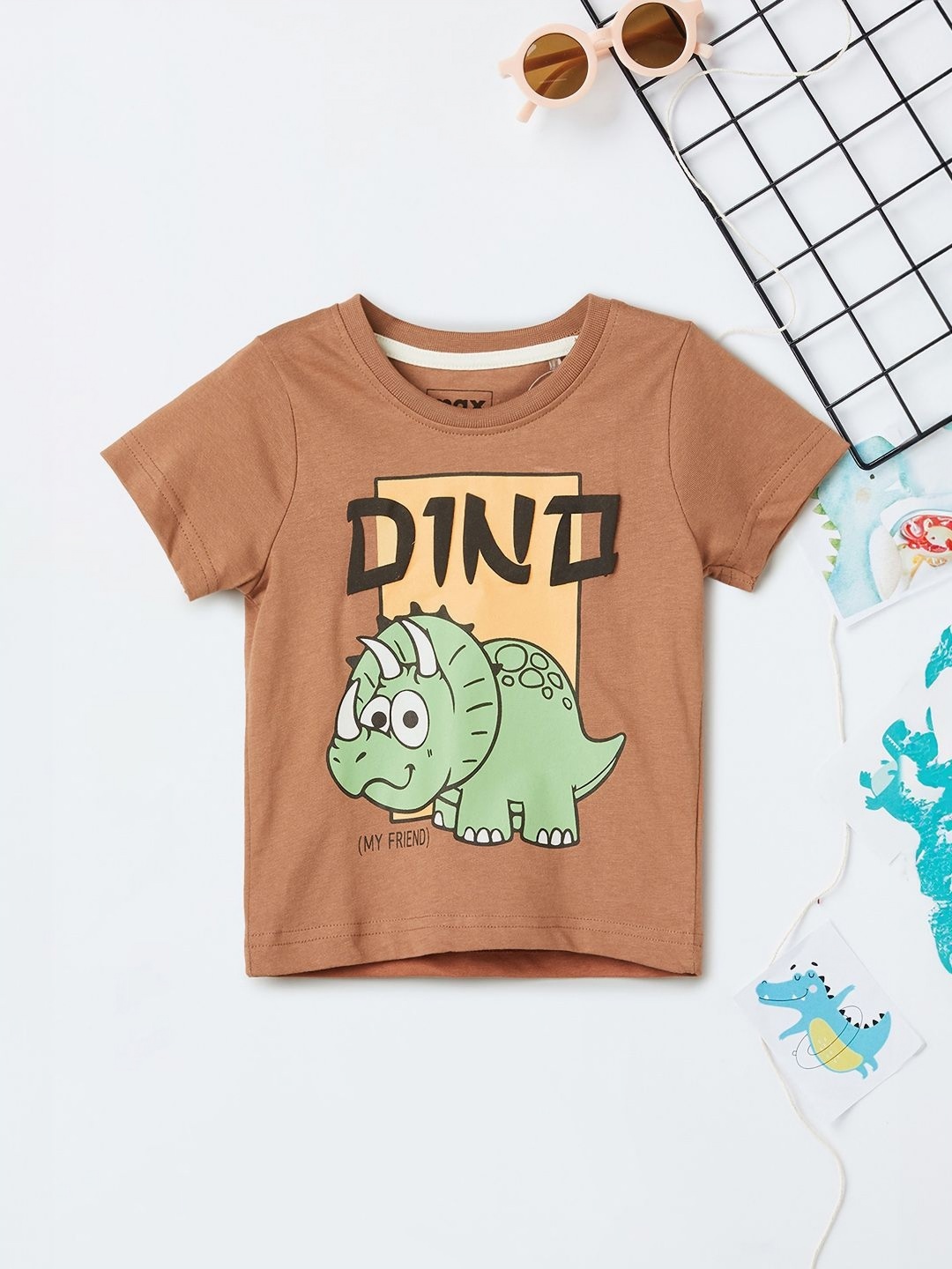 

max Boys Graphic Printed Round Neck Cotton T-shirt, Brown