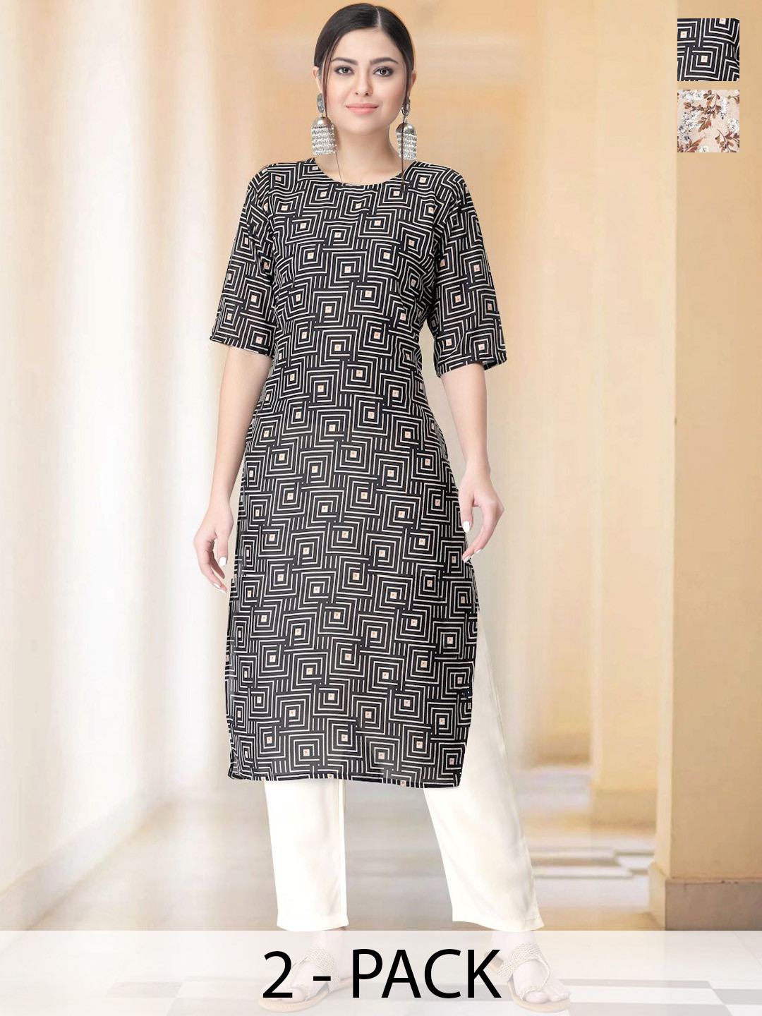 

7Threads Selection Of 2 Geometric Printed Round Neck Straight Kurtas With Trousers, White