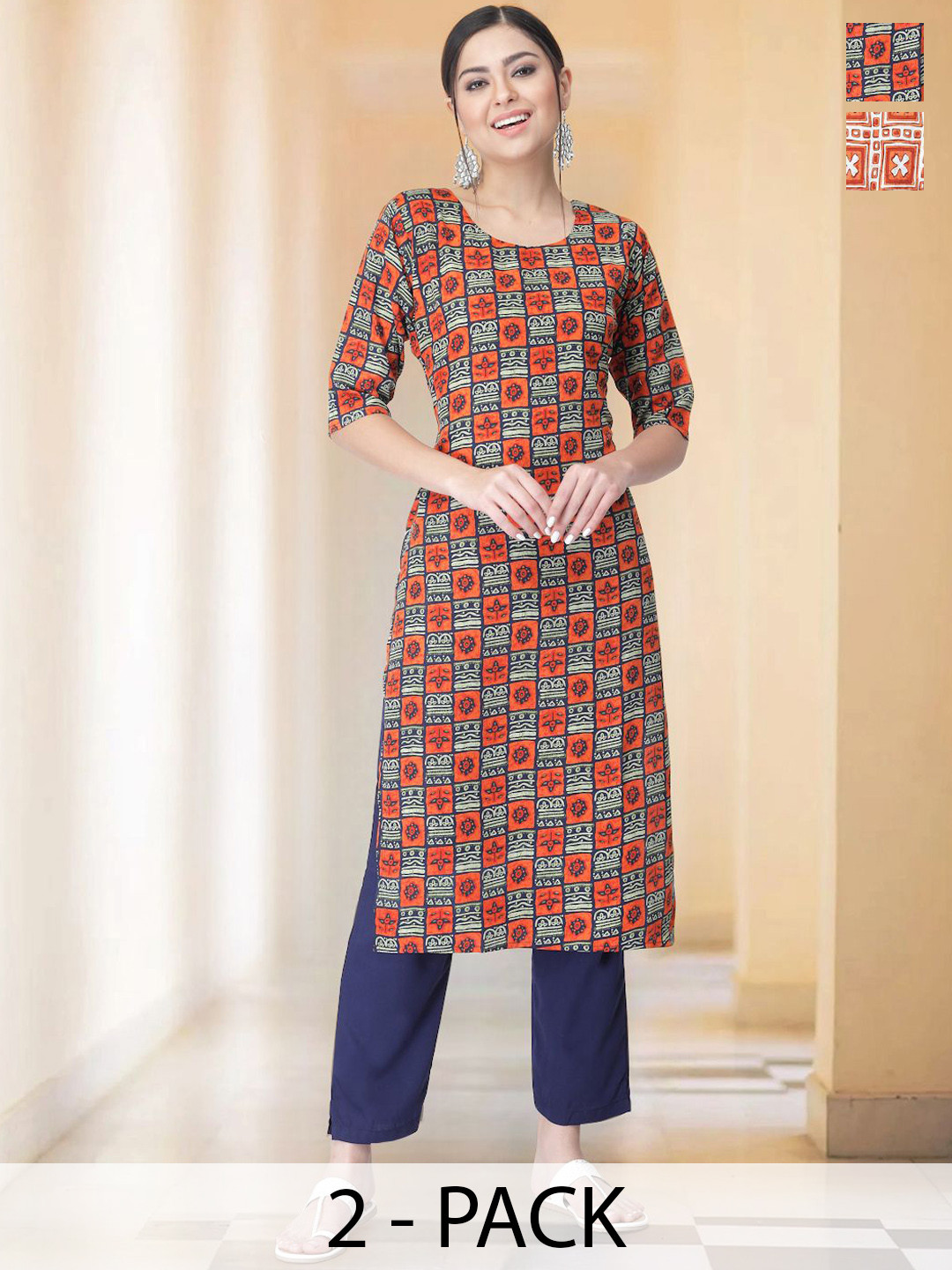 

7Threads Selection Of 2 Geometric Printed Round Neck Straight Kurtas With Trousers, Orange