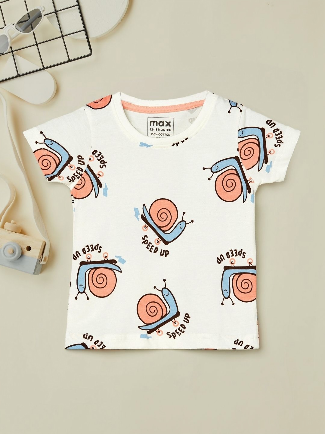 

max Boys Conversational Printed Round Neck Cotton T-shirt, Beige