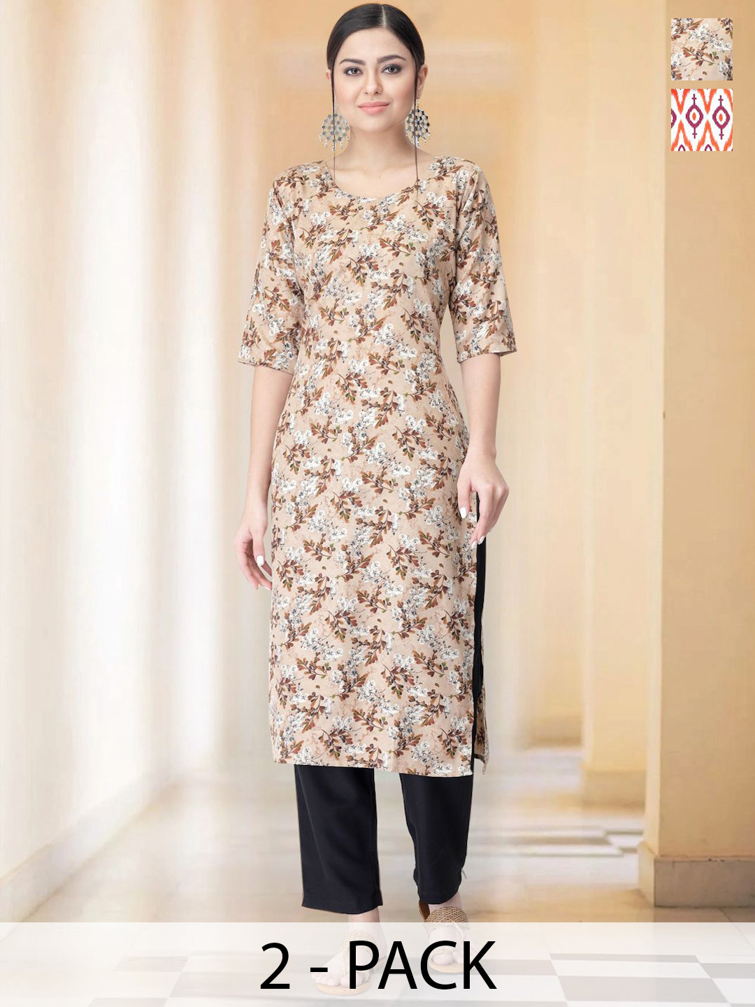 

7Threads Selection of 2 Floral Printed Round Neck Straight Kurtas with Trousers, White