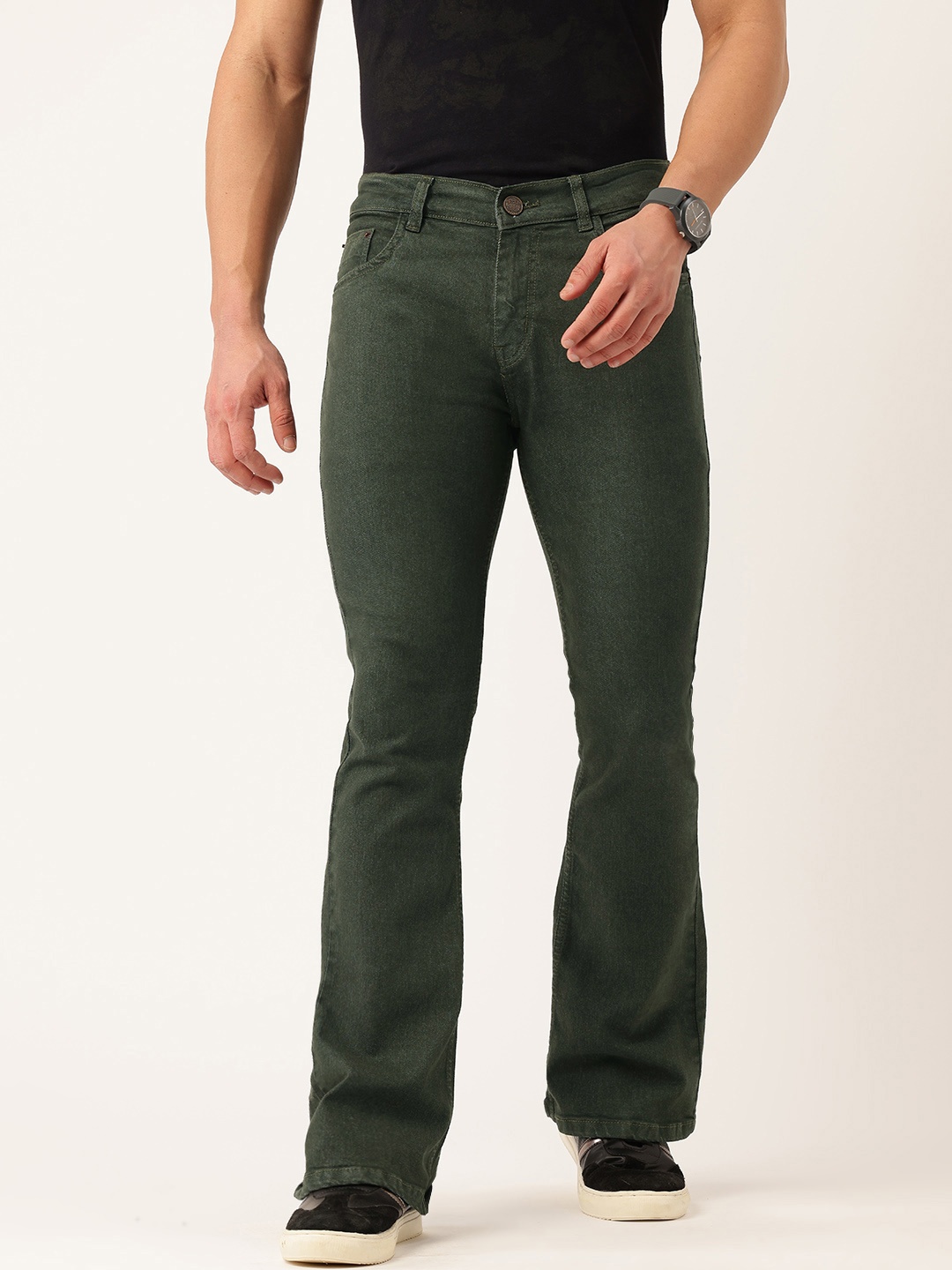

PARIS HAMILTON Men Bootcut Acid Wash Stretchable Jeans, Olive
