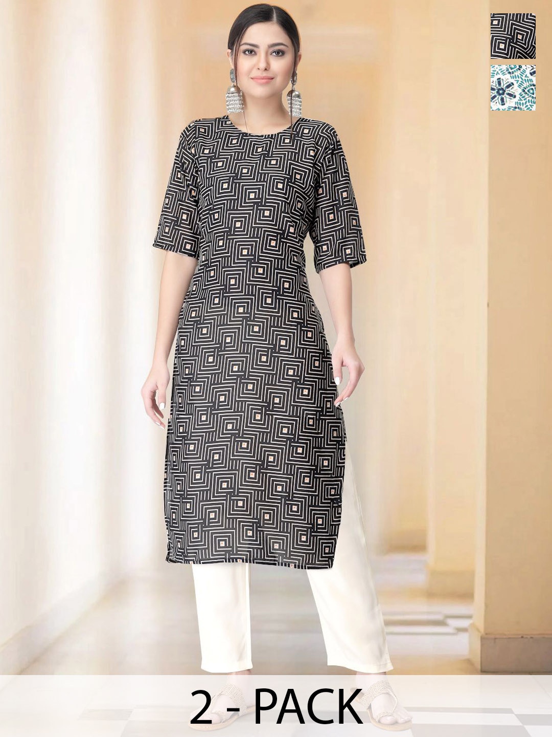 

7Threads Selection Of 2 Geometric Printed Round Neck Straight Kurtas With Trousers, Black