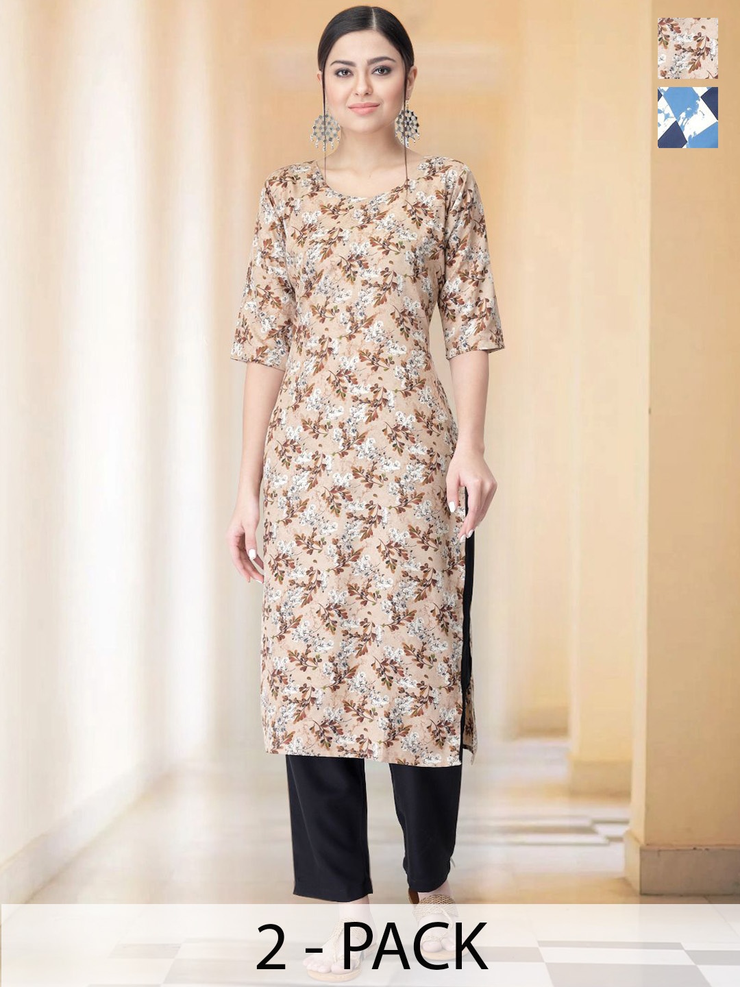 

7Threads Selection Of 2 Floral Printed Round Neck Straight Kurta With Trousers, Beige