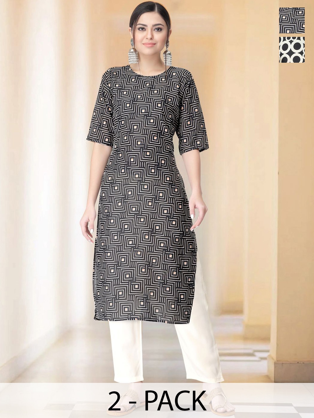 

7Threads Selection Of 2 Geometric Printed Round Neck Straight Kurta With Trousers, White