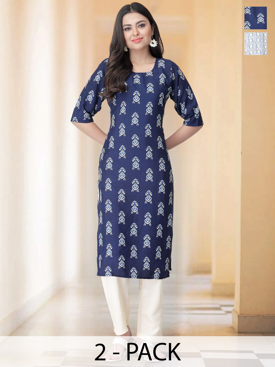 

7Threads Selection Of 2 Ethnic Motifs Printed Round Neck Straight Kurta With Trousers, Navy blue