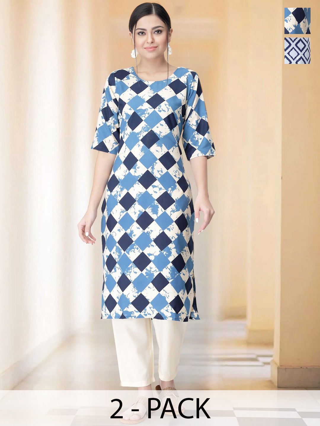 

7Threads Selection Of 2 Checked Round Neck Straight Kurtas With Trousers, Blue