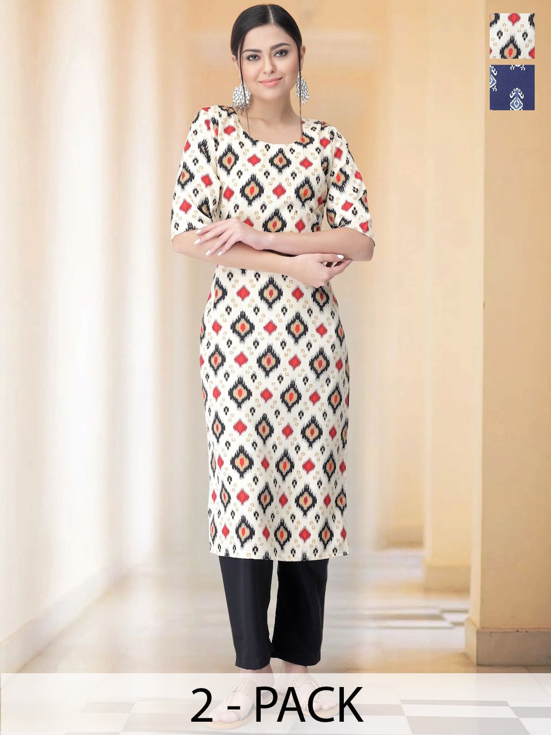 

7Threads Selection Of 2 Ethnic Motifs Printed Round Neck Straight Kurtas With Trousers, White