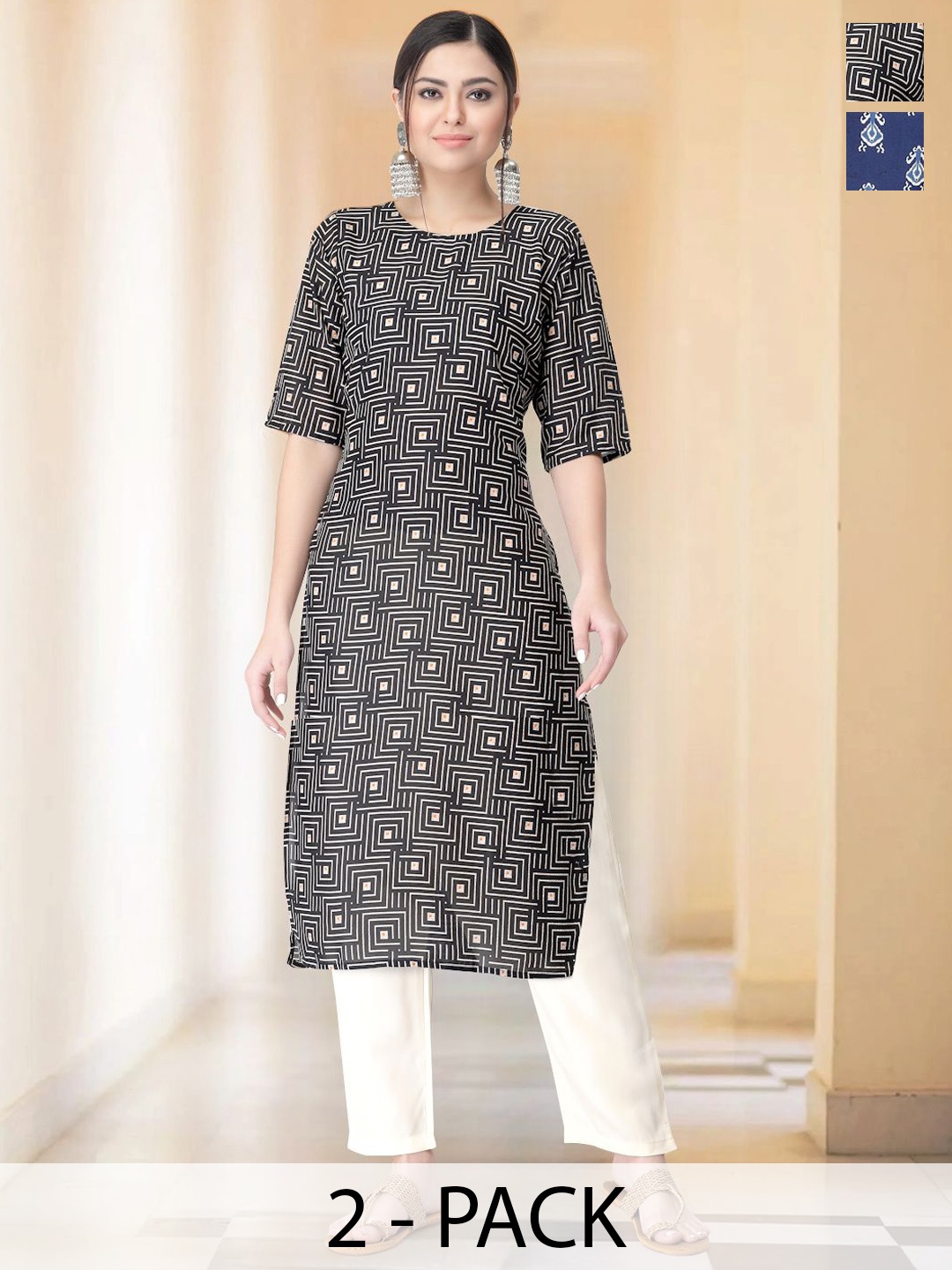 

7Threads Selection Of 2 Geometric Printed Round Neck Straight Kurtas With Trousers, Blue