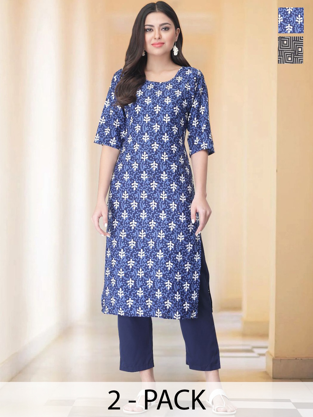 

7Threads Selection Of 2 Floral Printed Straight Kurtas With Trousers, Navy blue