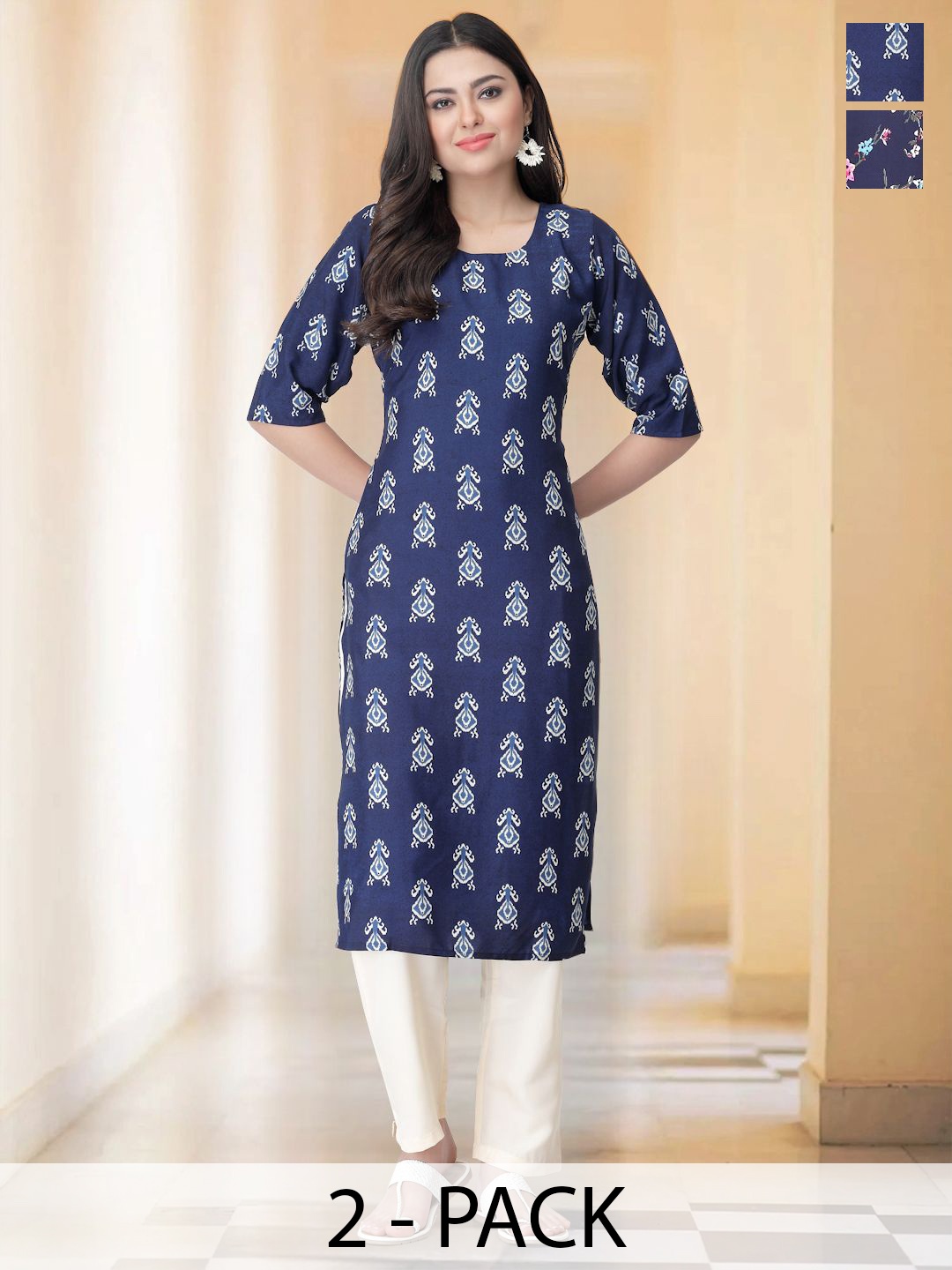 

7Threads Selection Of 2 Ethnic Motifs Printed Round Neck Straight Kurta With Trousers, Navy blue