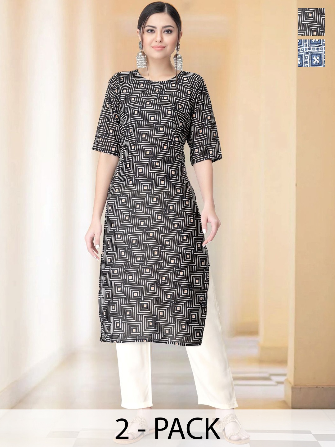 

7Threads Selection Of 2 Geometric Printed Round Neck Straight Kurtas With Trousers, Black