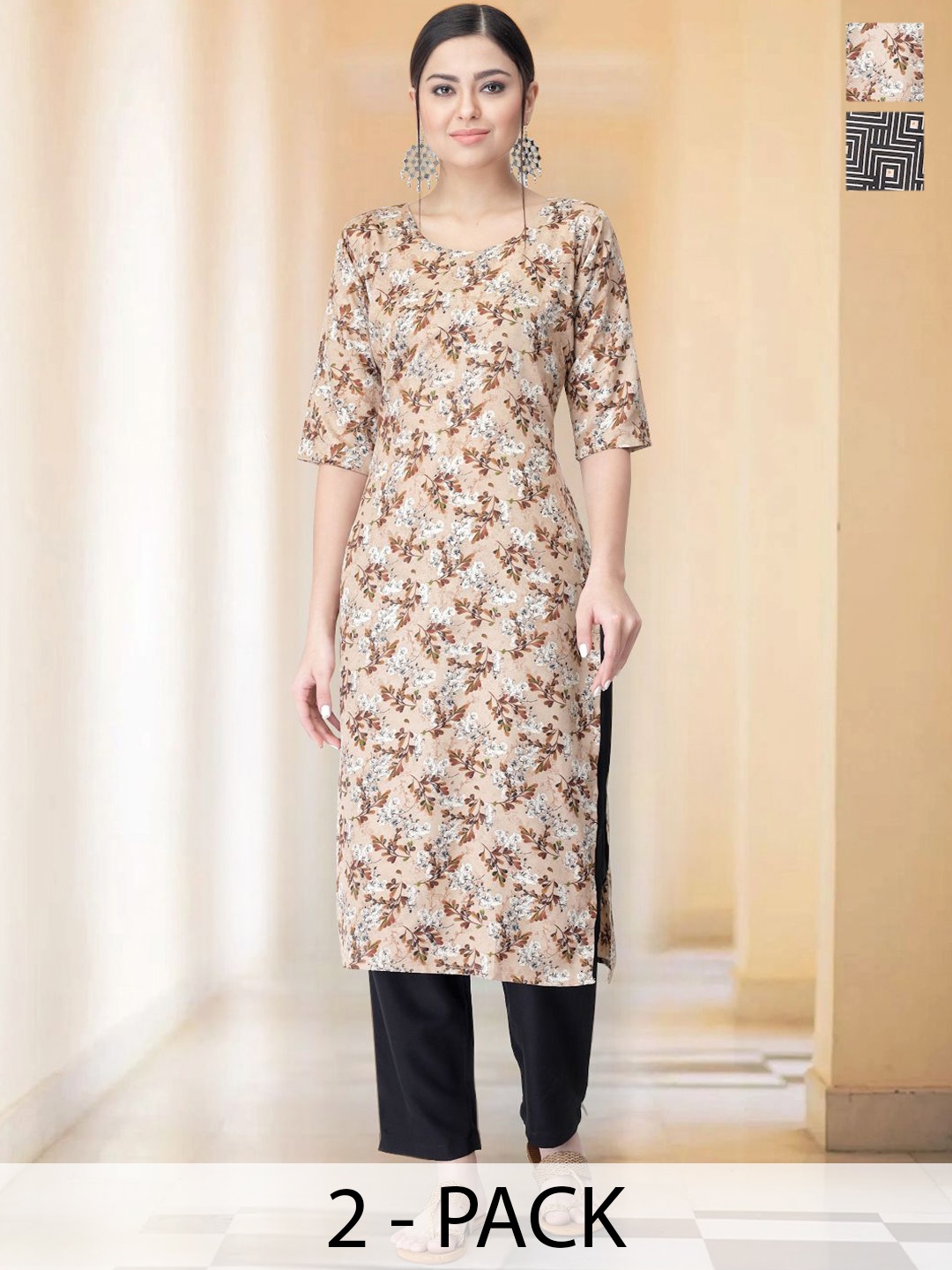 

7Threads Selection Of 2 Floral Printed Round Neck Straight Kurtas With Trousers, Beige