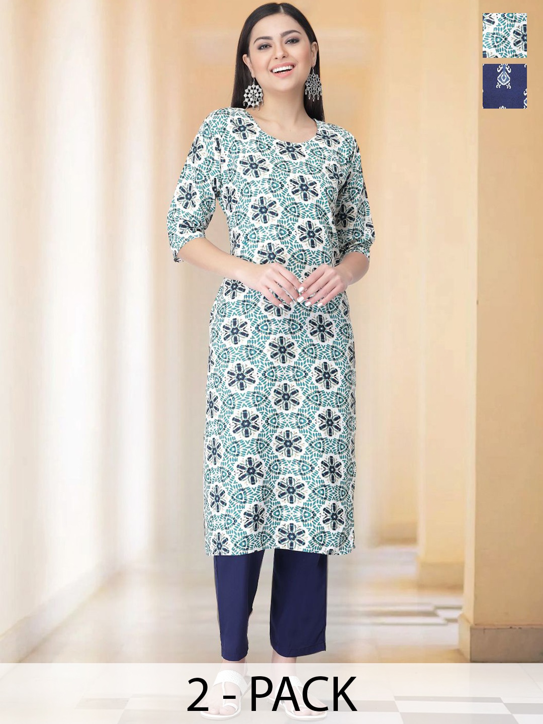 

7Threads Selection Of 2 Floral Printed Round Neck Straight Kurtas With Trousers, Green