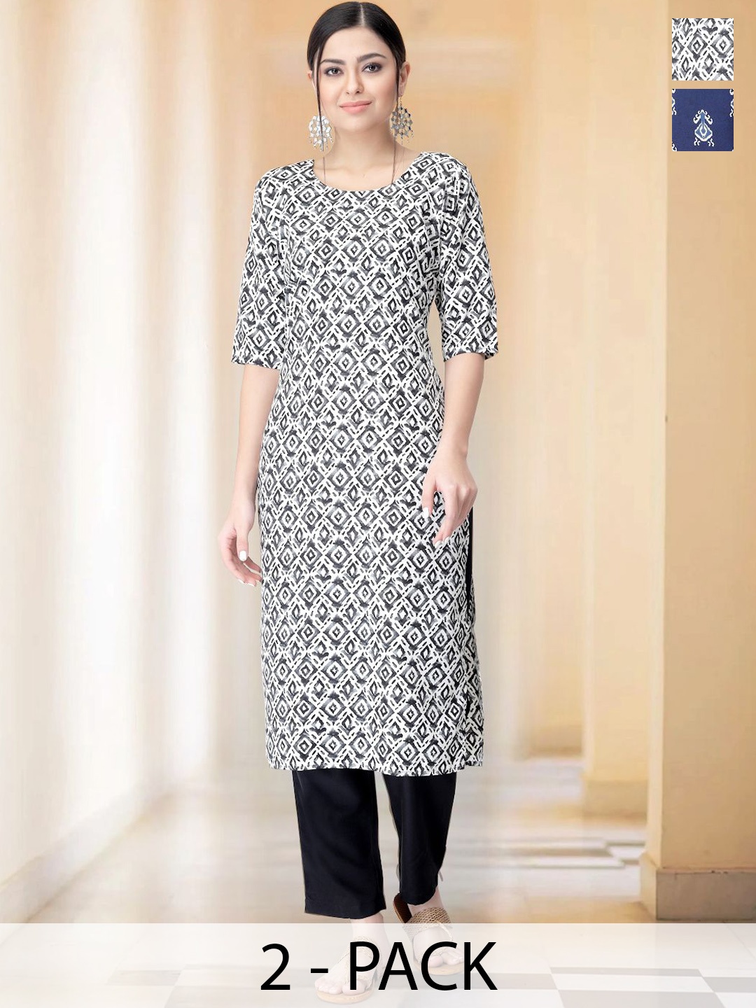 

7Threads Selection Of 2 Ethnic Motifs Printed Round Neck Straight Kurta With Trousers, White