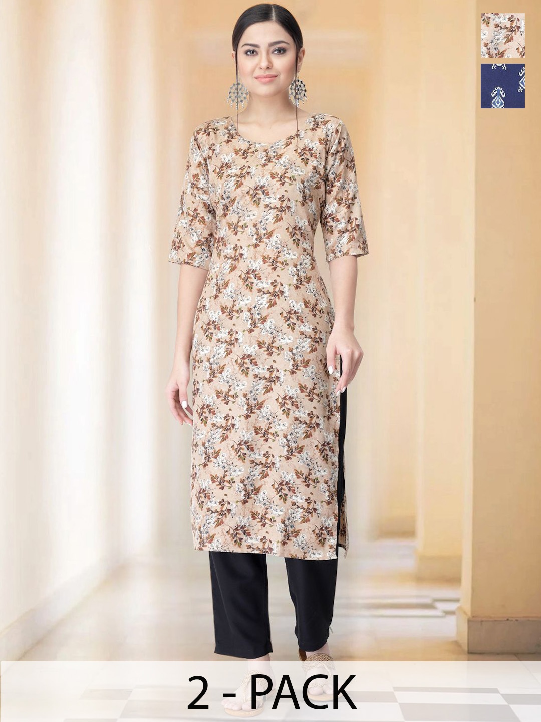 

7Threads Selection Of 2 Floral Printed Round Neck Straight Kurta With Trousers, Cream