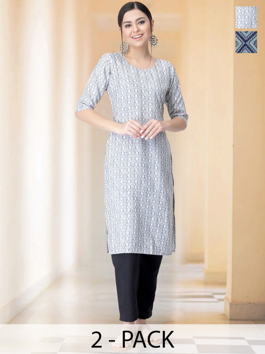 

7Threads Selection Of 2 Geometric Printed Round Neck Straight Kurtas With Trousers, Blue