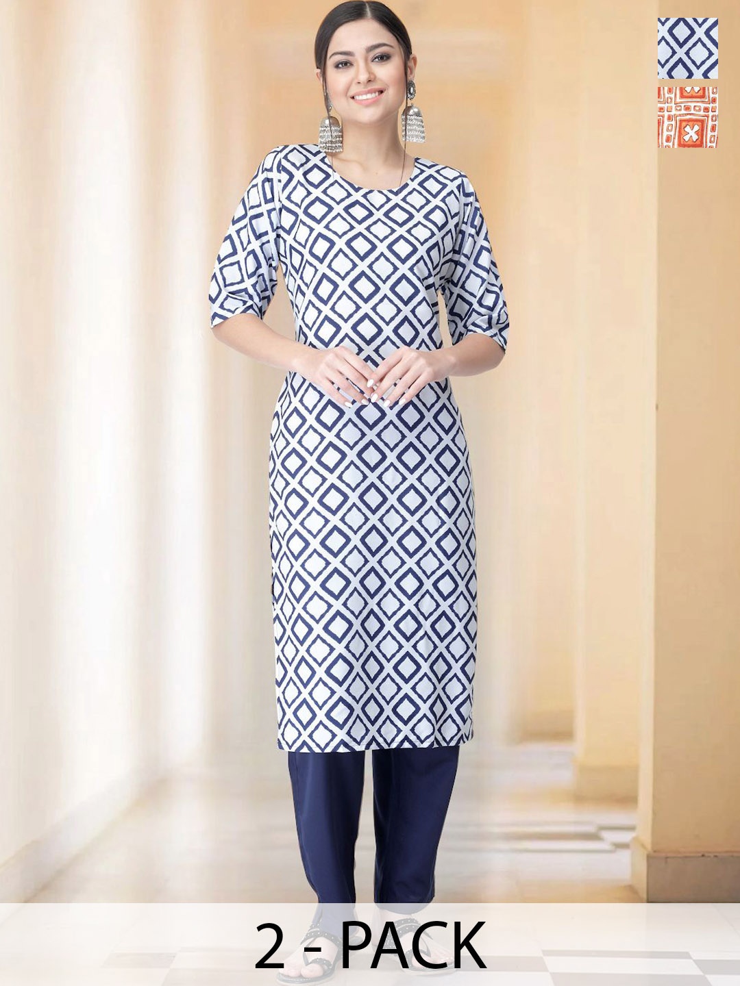 

7Threads Selection Of 2 Geometric Printed Round Neck Straight Kurta With Trousers, Orange