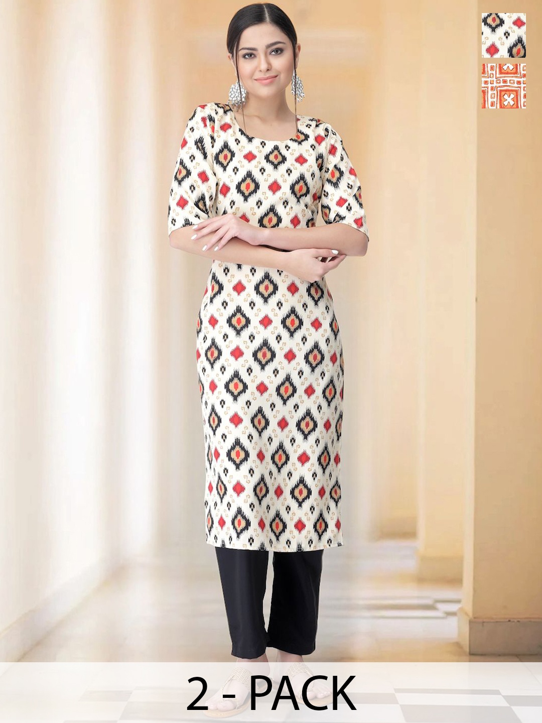 

7Threads Selection of 2 Geometric Printed Round Neck Straight Kurtas With Trousers, White