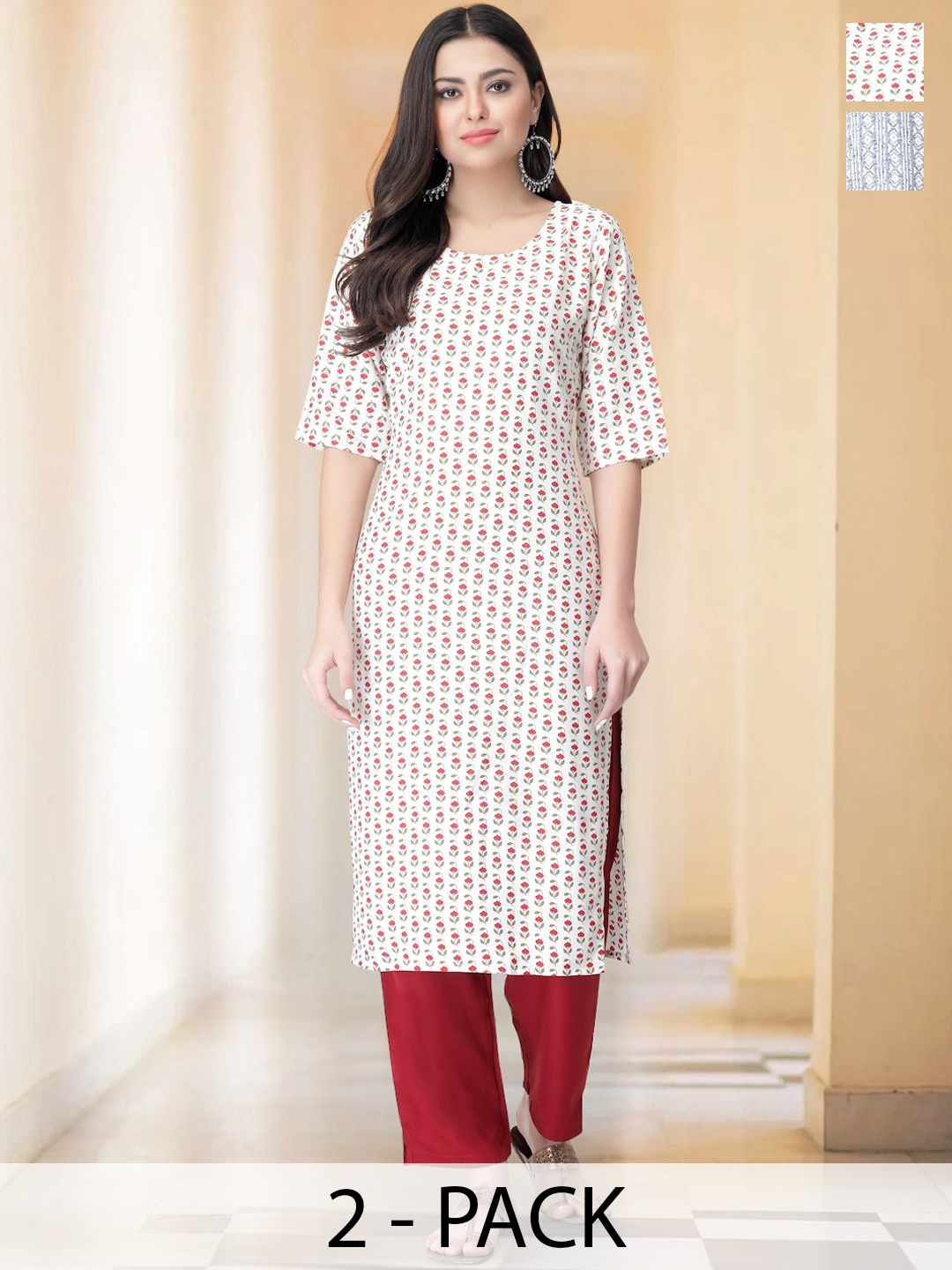 

7Threads Selection Of 2 Floral Printed Straight Kurtas With Trousers, White
