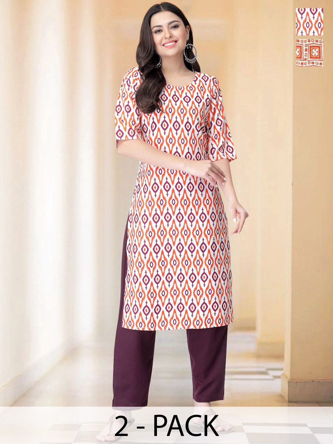 

7Threads Selection Of 2 Chevron Printed Round Neck Straight Kurtas With Trousers, Orange