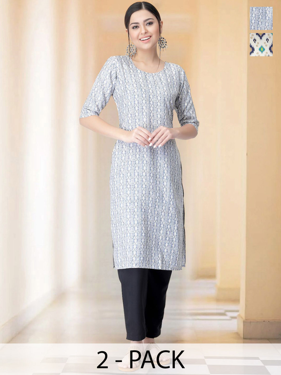 

7Threads Selection Of 2 Striped Printed Round Neck Straight Kurta with Trousers, Grey