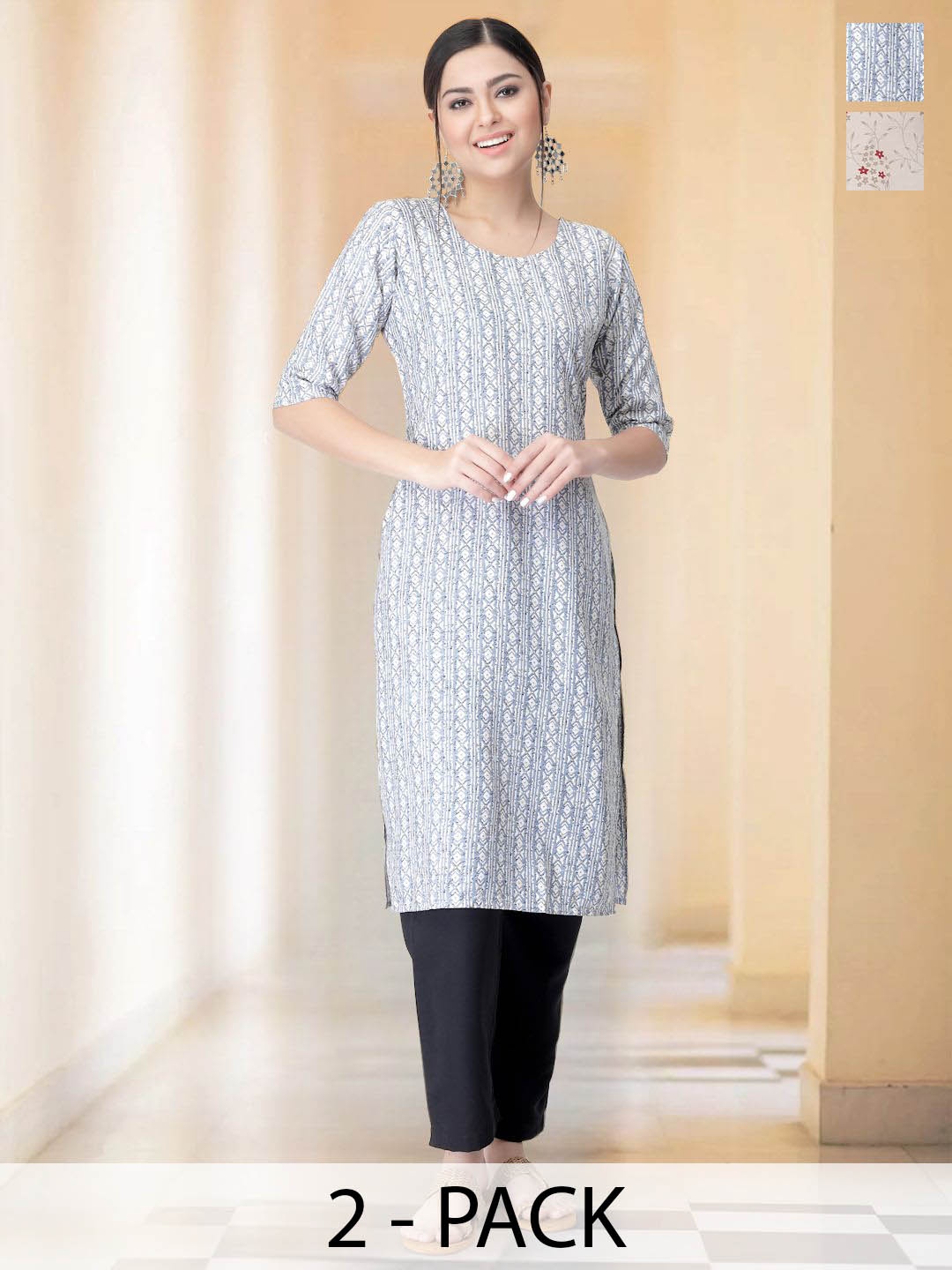 

7Threads Selection Of 2 Geometric Printed Straight Kurtas With Trousers, Grey