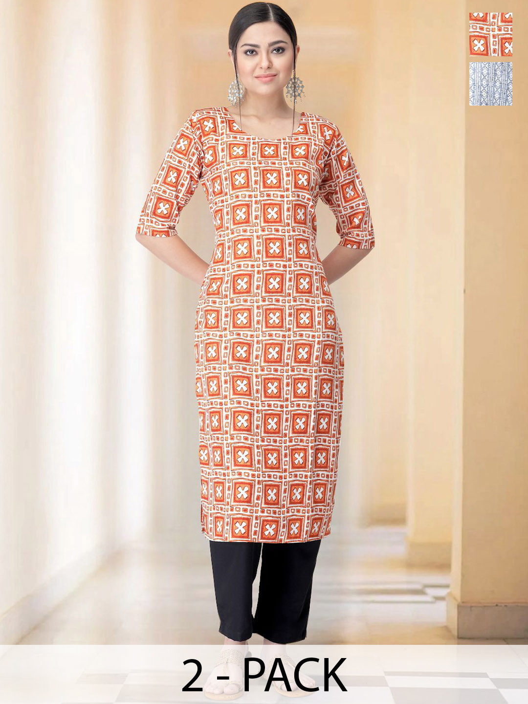 

7Threads Selection Of 2 Geometric Printed Round Neck Straight Kurtas With Trousers, Orange