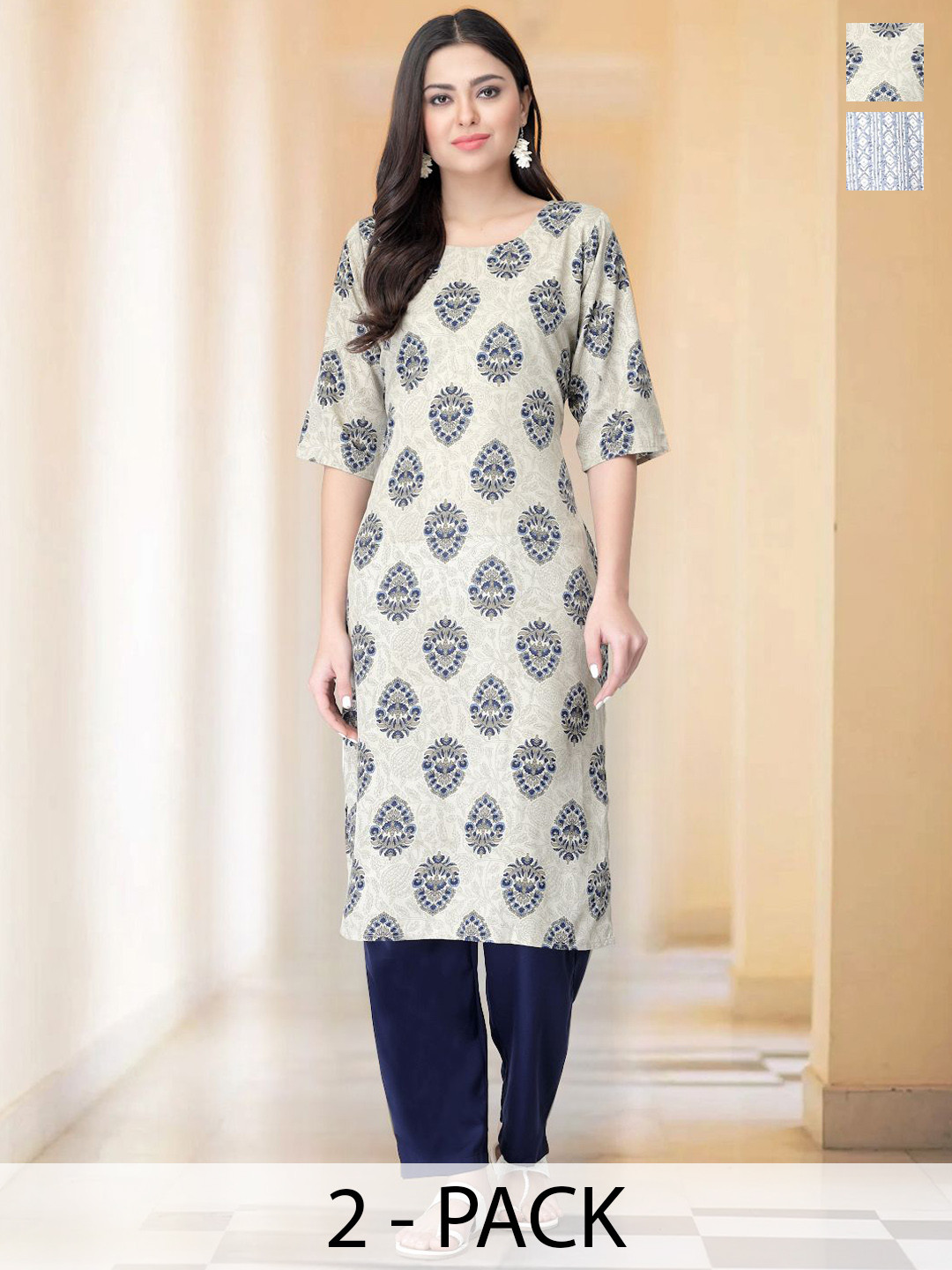 

7Threads Selection Of 2 Floral Printed Round Neck Straight Kurtas With Trousers, Grey