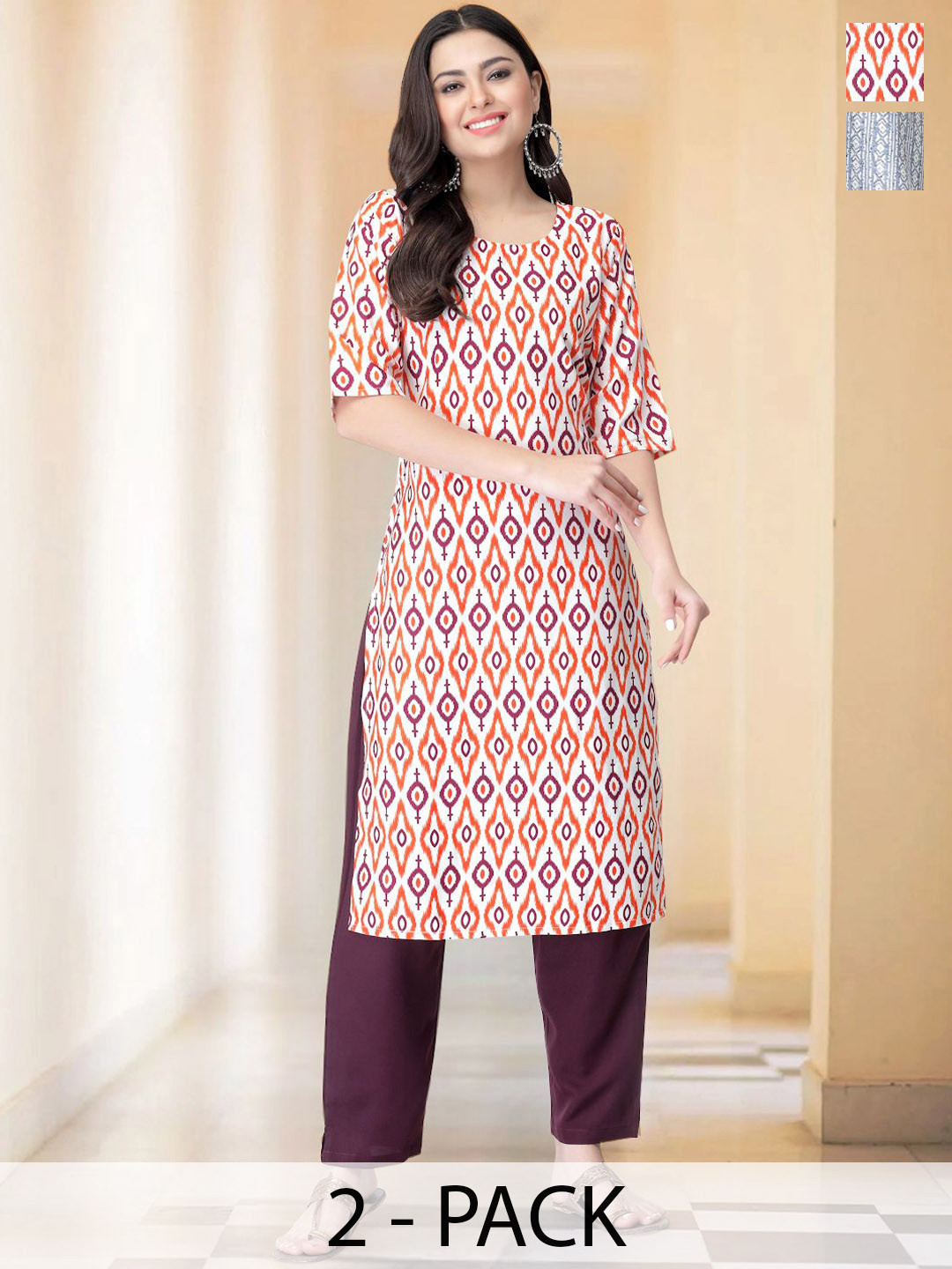 

7Threads Selection Of 2 Ethnic Motifs Printed Round Neck Straight kurta With Trousers, Orange
