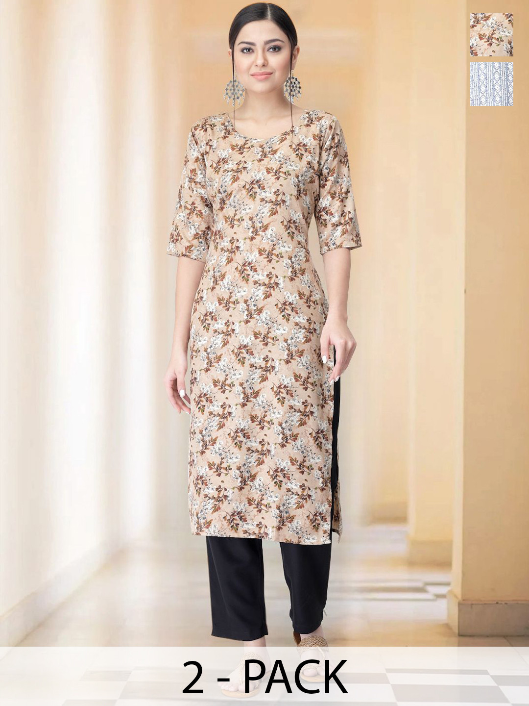 

7Threads Selection Of 2 Floral Printed Round Neck Straight Kurta with Trousers, Beige