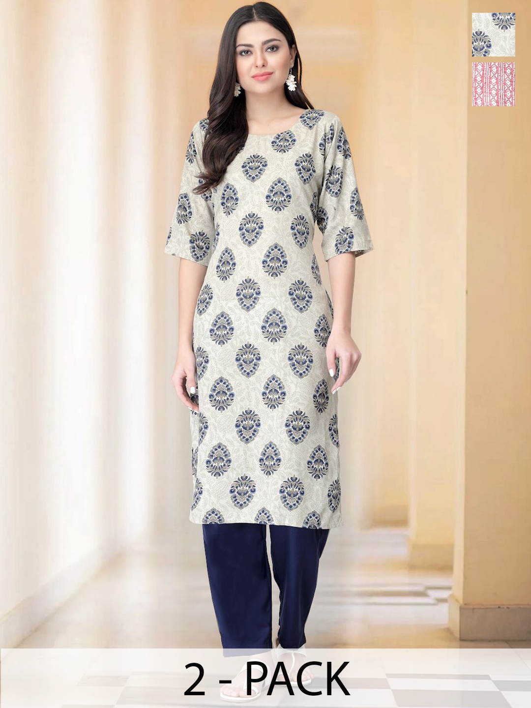 

7Threads Selection of 2 Floral Printed Round Neck Straight Kurtas With Trousers, Beige