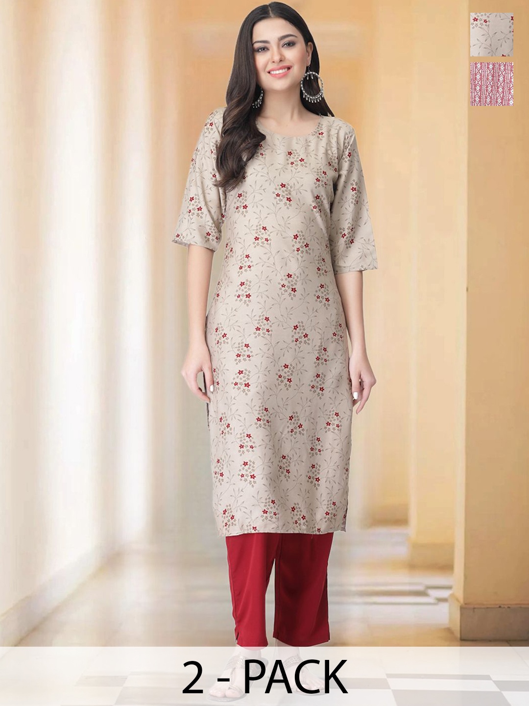 

7Threads Selection Of 2 Floral Printed Round Neck Straight Kurta With Trousers, Beige