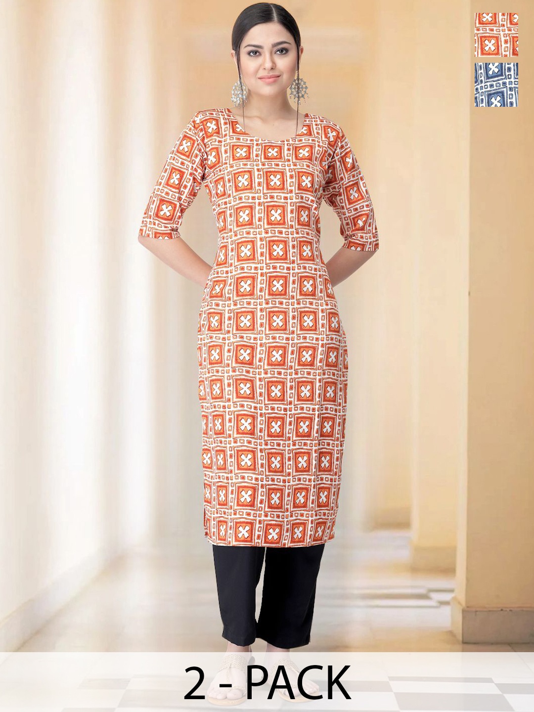 

7Threads Selection of 2 Geometric Printed Round Neck Straight Kurtas With Trousers, White