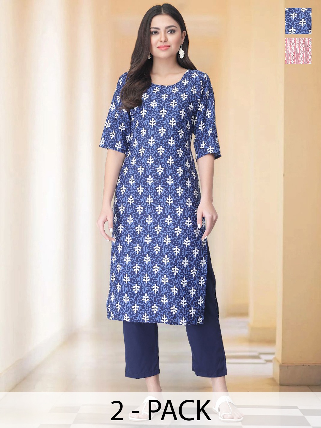 

7Threads Selection Of 2 Floral Printed Straight Kurtas With Trousers, Blue