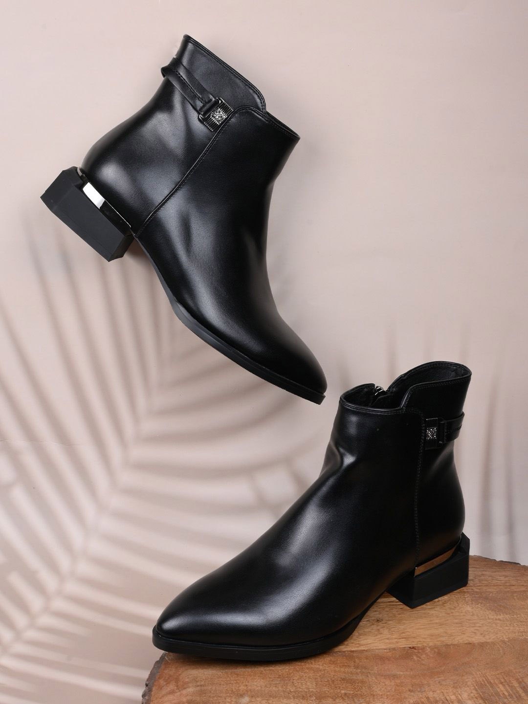 

Ronnie Grey Women Ankle Length Block Boots with Strap Detail, Black